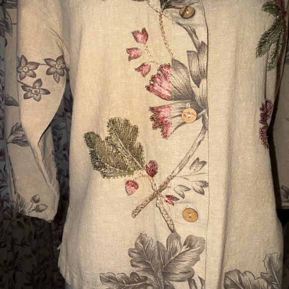 Vintage Linen Blend Button Front 3/4 Sleeve Floral Print Top Blouse Beaded SM - Picture 9 of 10